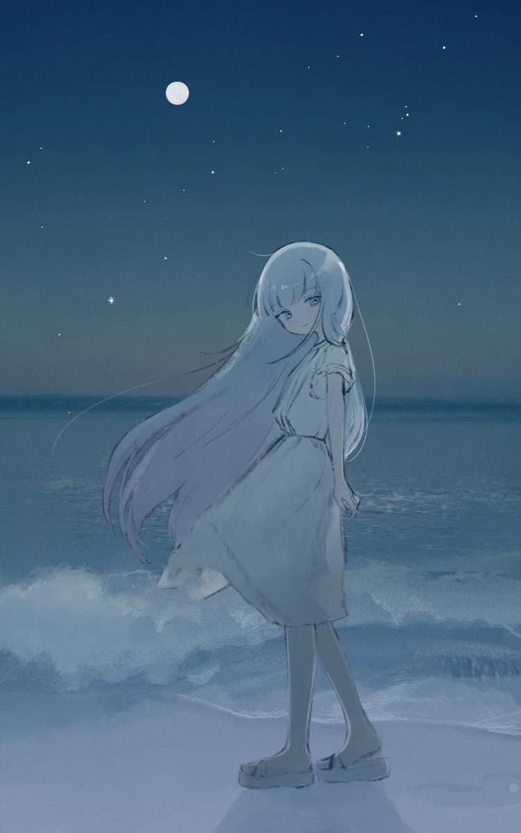 1girl arms_behind_back beach blue_eyes blue_hair closed_mouth commentary_request dress from_side full_body highres indie_virtual_youtuber long_hair looking_at_viewer moon night night_sky ocean outdoors paid_reward_available sandals second-party_source sky solo somunia standing star_(sky) starry_sky very_long_hair virtual_youtuber water waving white_dress wind yorunogumo