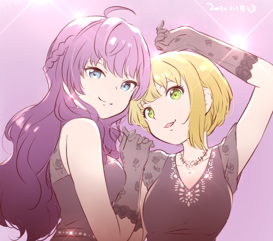2girls ahoge arm_up bare_shoulders black_dress blonde_hair blue_eyes braid breasts closed_mouth collarbone commentary dated dress elbow_gloves glint gloves green_eyes hair_between_eyes hands_up ichinose_shiki idolmaster idolmaster_cinderella_girls idolmaster_cinderella_girls_starlight_stage interlocked_fingers lace lace_gloves lazy_lazy_(idolmaster) long_hair looking_at_viewer medium_breasts miyamoto_frederica multiple_girls nagian open_mouth pink_background purple_background purple_hair short_hair short_sleeves signature simple_background sleeveless sleeveless_dress smile sparkle stage_lights upper_body wavy_hair