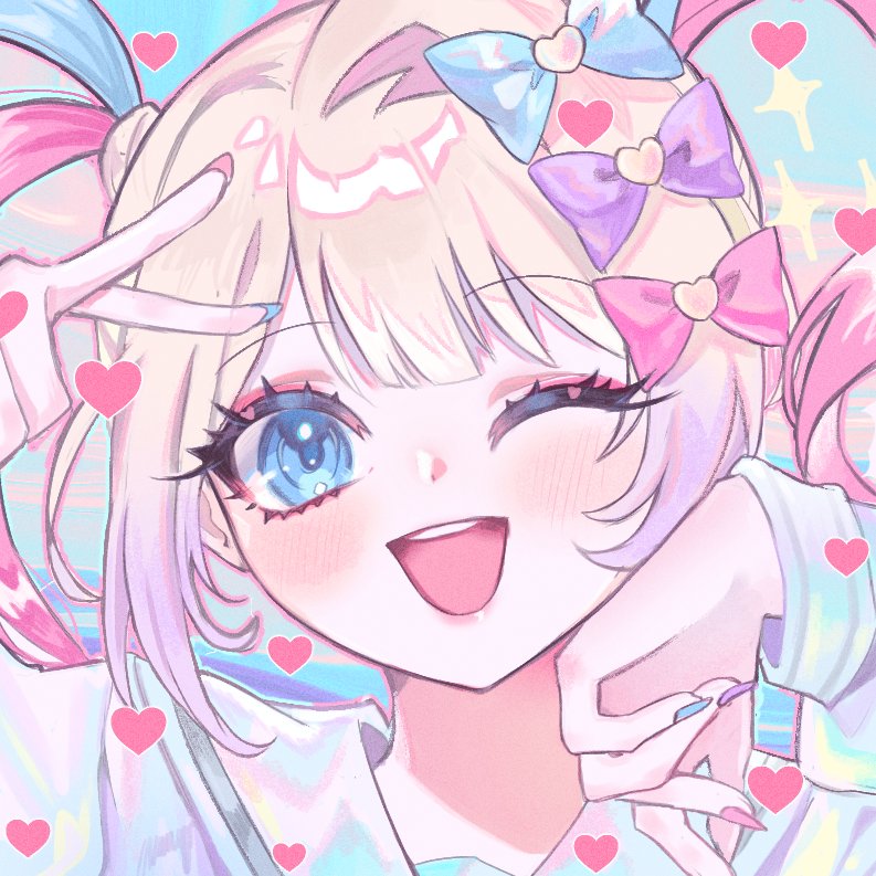 1girl blonde_hair blue_bow blue_eyes blue_hair blue_nails bow center-flap_bangs chouzetsusaikawa_tenshi-chan close-up fontana_0v0 hair_bow hand_up hashtag_only_commentary heart light_blush long_hair looking_at_viewer multicolored_hair multicolored_nails needy_girl_overdose one_eye_closed open_mouth pink_bow pink_hair pink_nails purple_bow quad_tails sidelocks smile solo teeth upper_teeth_only v