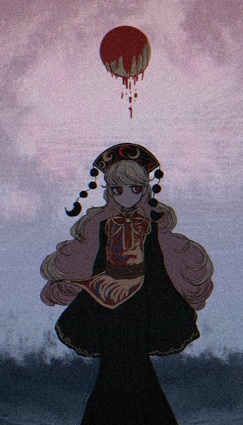 1girl bad_id bad_twitter_id black_dress blonde_hair blood chinese_clothes curly_hair dress facing_viewer full_moon junko_(touhou) long_hair moon n0een neck_ribbon no_mouth phoenix_crown pom_pom_(clothes) red_eyes red_moon red_tabard ribbon sideways_glance sleeves_past_fingers sleeves_past_wrists tabard touhou very_long_hair wide_sleeves