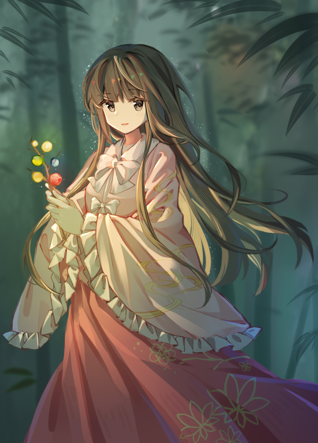 1girl bamboo bamboo_forest black_eyes black_hair blunt_bangs branch breasts chinese_commentary collared_shirt commentary_request cowboy_shot forest frilled_sleeves frills hime_cut holding houraisan_kaguya jeweled_branch_of_hourai jian_xing_zao long_hair long_skirt long_sleeves nature open_mouth outdoors pink_shirt red_skirt ribbon shirt skirt small_breasts smile solo touhou white_ribbon wide_sleeves