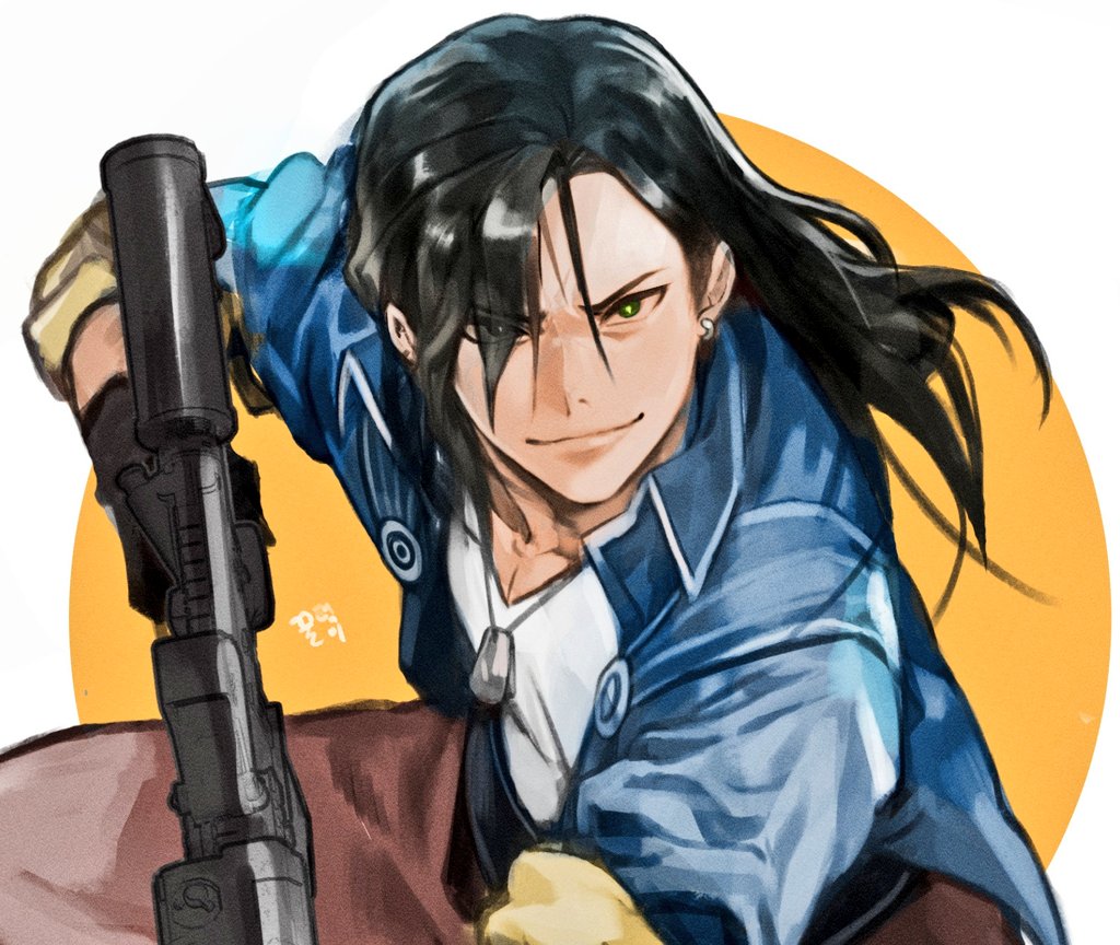 1boy belt black_belt black_gloves black_hair blue_jacket brown_pants commentary determined dog_tags earrings final_fantasy final_fantasy_viii garbage_paper gloves green_eyes gun hair_over_one_eye high_collar holding holding_gun holding_weapon hoop_earrings jacket jewelry korean_commentary laguna_loire long_hair looking_at_viewer machine_gun male_focus necklace open_clothes open_jacket orange_background pants shirt signature sleeves_rolled_up smile solo squatting upper_body v-neck weapon white_shirt
