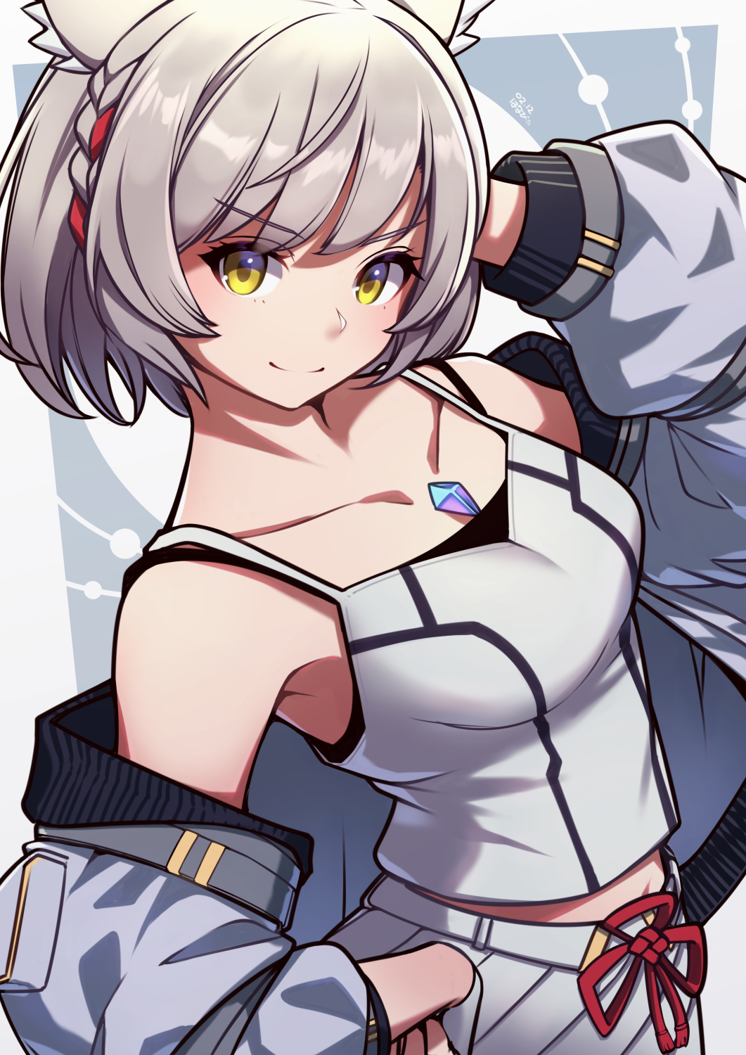 1girl animal_ears arm_behind_head cat_ears core_crystal_(xenoblade) grey_hair grey_jacket highres jacket looking_at_viewer mio_(xenoblade) off-shoulder_jacket off_shoulder skirt smile solo tank_top umenodo upper_body xenoblade_chronicles_(series) xenoblade_chronicles_3 yellow_eyes
