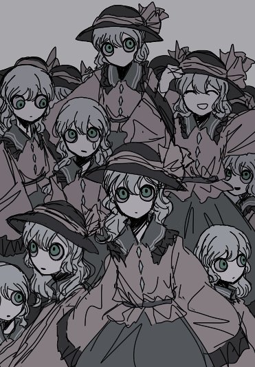 1girl :d ^_^ bad_id bad_twitter_id black_headwear blouse bow buttons closed_eyes closed_mouth diamond_button frilled_shirt_collar frilled_sleeves frills green_eyes green_skirt grey_hair hat hat_bow hat_ribbon komeiji_koishi multiple_boys n0een no_headwear no_mouth ribbon shirt skirt smile teardrop touhou wide_sleeves yellow_ribbon yellow_shirt