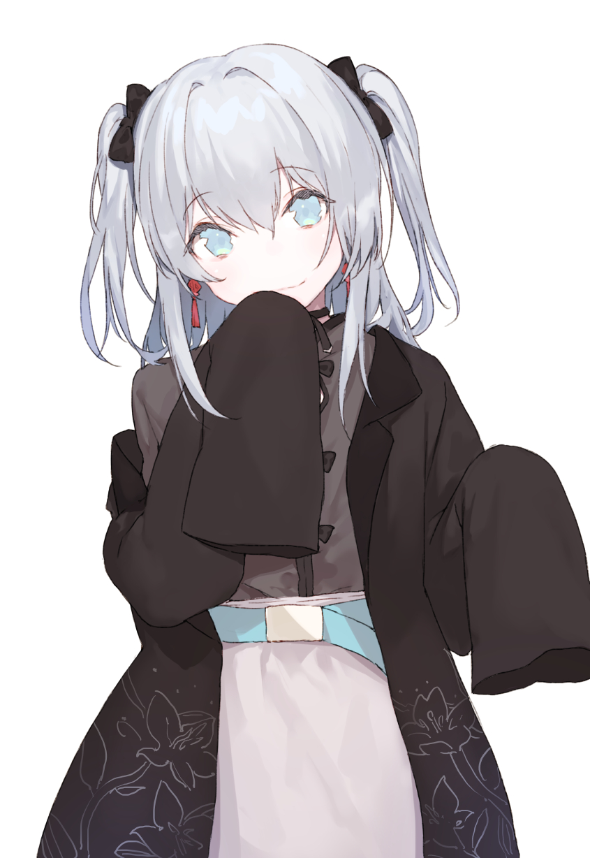 1girl belt black_bow black_jacket black_ribbon blue_belt blue_eyes bow character_request closed_mouth copyright_request cowboy_shot fifuth floral_print grey_hair grey_shirt hair_bow hand_up head_tilt highres jacket light_smile long_hair long_sleeves looking_at_viewer neck_ribbon no_pupils ribbon shirt simple_background skirt sleeves_past_fingers sleeves_past_wrists solo two_side_up white_background white_skirt