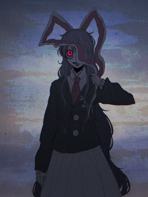 1girl animal_ears black_jacket breast_pocket buttons collared_shirt crescent crescent_moon crescent_pin glowing glowing_eye hand_on_own_ear jacket long_hair long_sleeves messy_hair moon n0een necktie pale_skin pin pink_skirt pleated_skirt pocket pulling pulling_own_ear purple_hair rabbit_ears rabbit_girl red_eyes red_necktie reisen_udongein_inaba shirt skirt third-party_source tongue tongue_out touhou very_long_hair white_fur white_shirt