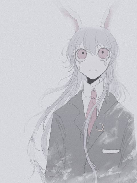 1girl animal_ears black_jacket breast_pocket buttons collared_shirt crescent crescent_moon crescent_pin crying crying_with_eyes_open glowing hair_between_eyes jacket long_hair long_sleeves messy_hair moon n0een necktie open_mouth pale_skin pin pocket rabbit_ears rabbit_girl red_eyes red_necktie reisen_udongein_inaba shirt simple_background tears third-party_source touhou very_long_hair white_background white_fur white_shirt