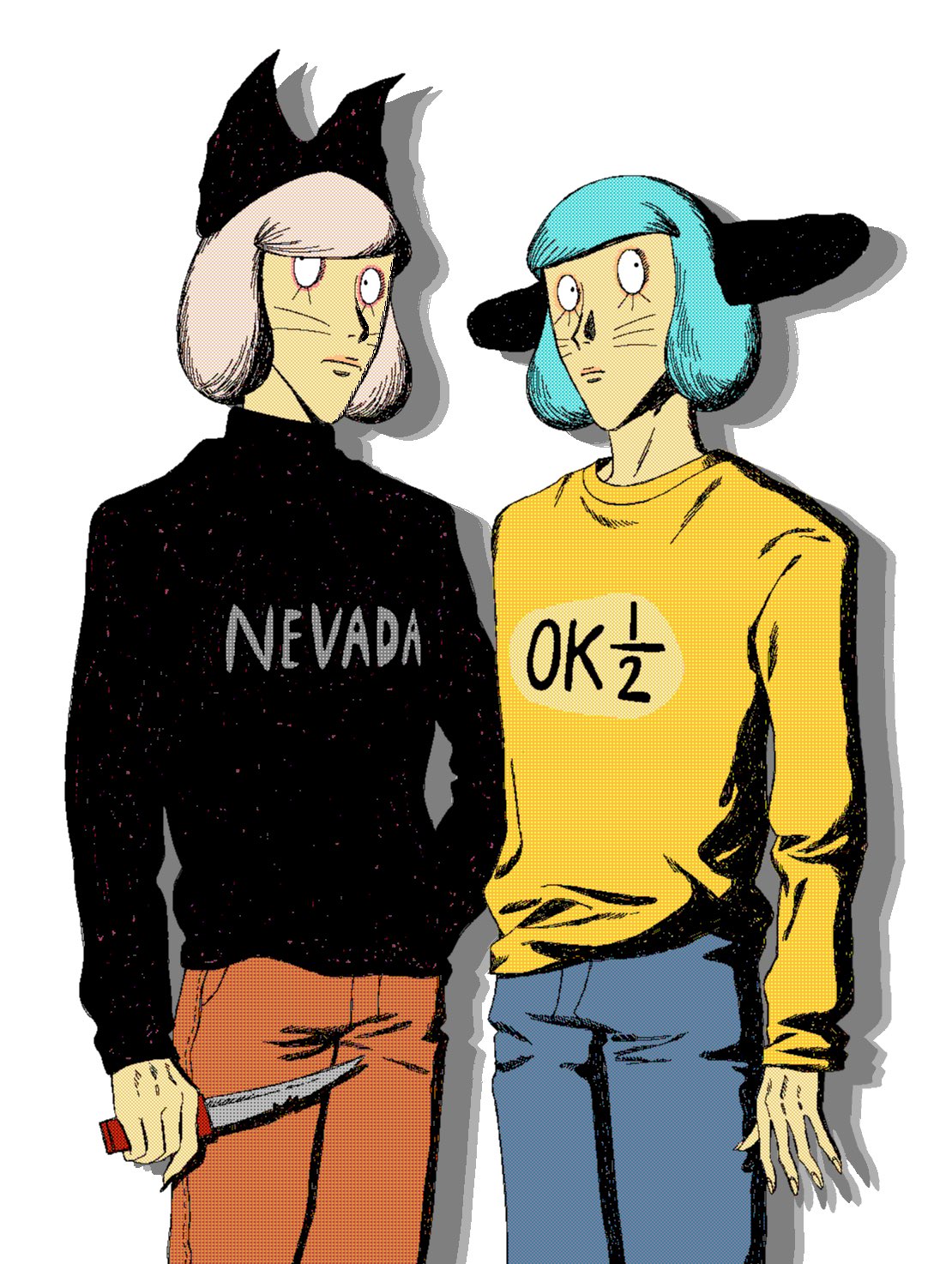 2boys animal_ear_hairband animal_ear_headwear animal_ears black_sweater blue_hair blue_pants bob_cut closed_mouth constricted_pupils cowboy_shot drop_shadow fake_animal_ears fake_whiskers grey_hair hairband hand_on_own_hip highres holding holding_knife knife long_sleeves looking_at_viewer male_focus multiple_boys nyen_(randal's_friends) nyon_(randal's_friends) orange_pants pants print_sweater randal's_friends short_hair side-by-side standing sweater takushi_(taxi739) text_print yellow_sweater