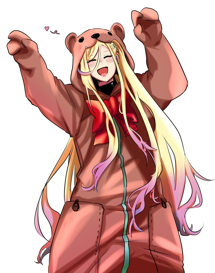 1girl a-91_(girls'_frontline) a-91_(inflammable_oolong_tea)_(girls'_frontline) animal_costume bear_costume blonde_hair blush bow closed_eyes girls_frontline gradient_hair heart long_hair multicolored_hair official_alternate_costume open_mouth pocket purple_hair red_bow reizo_ne solo straight-on white_background