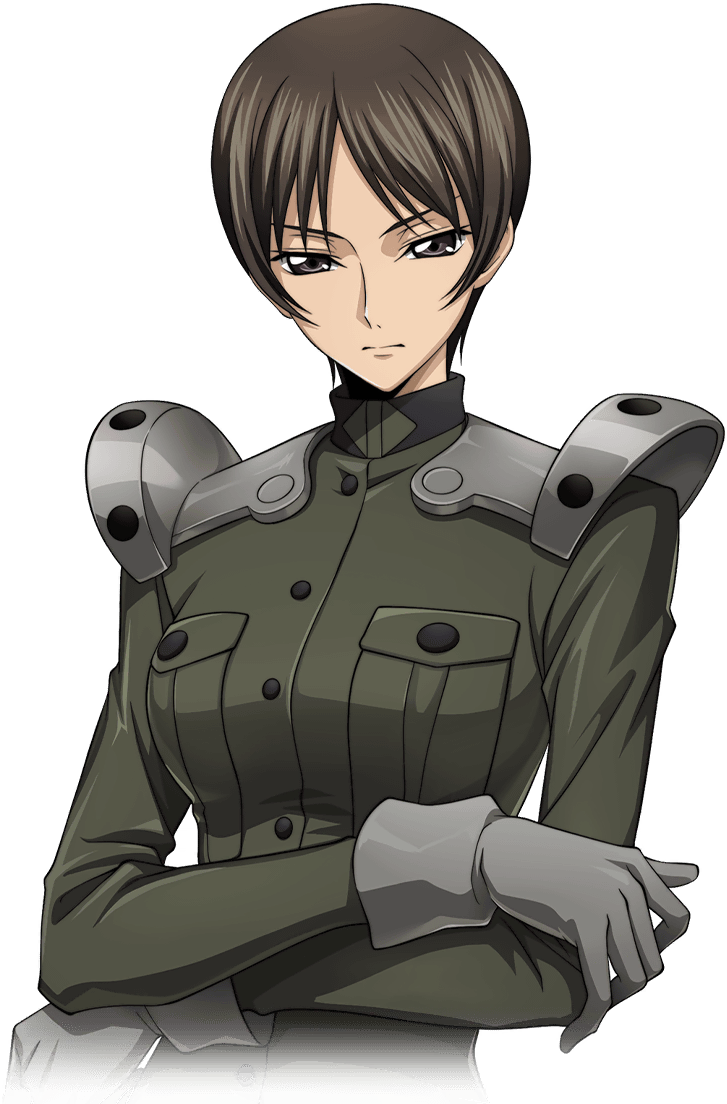 1girl armor artist_request breast_pocket breasts brown_eyes brown_hair buttons chiba_nagisa closed_mouth code_geass code_geass:_lost_stories cropped_torso crossed_arms game_cg gloves green_jacket grey_gloves jacket long_sleeves looking_at_viewer medium_breasts military_uniform non-web_source official_art pocket short_hair shoulder_armor sidelocks simple_background solo standing transparent_background uniform upper_body v-shaped_eyebrows