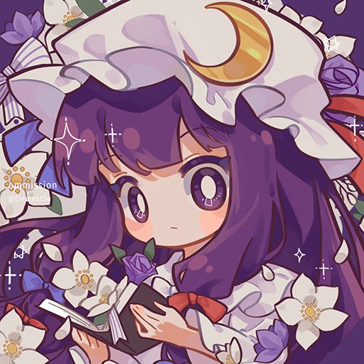 1girl book crescent crescent_hat_ornament flower hat hat_ornament holding holding_book mob_cap patchouli_knowledge purple_hair solo suelement touhou upper_body violet_eyes white_flower white_headwear