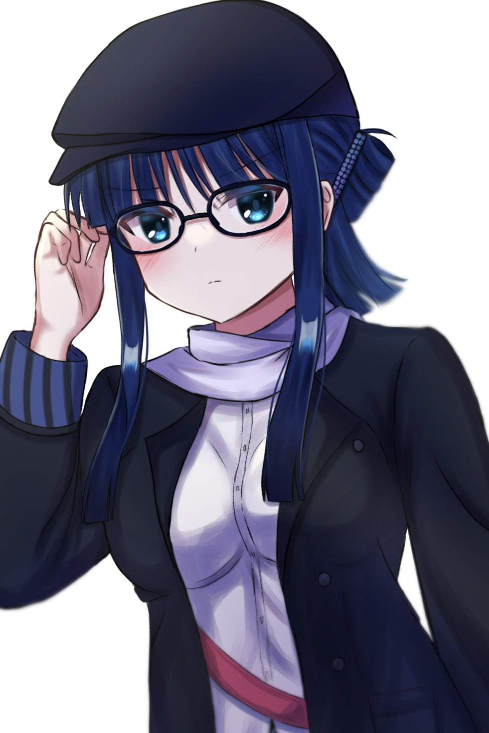 1girl adjusting_eyewear alternate_hairstyle aqua_eyes arm_at_side beret bespectacled black-framed_eyewear black_coat black_headwear blue_hair blunt_ends blush breasts closed_mouth coat commentary_request frown glasses hair_between_eyes hand_up hat highres looking_at_viewer mahigu_re medium_breasts open_clothes open_coat scarf shirt sidelocks simple_background solo touma_kazusa tsurime upper_body white_album_(series) white_album_2 white_background white_scarf white_shirt