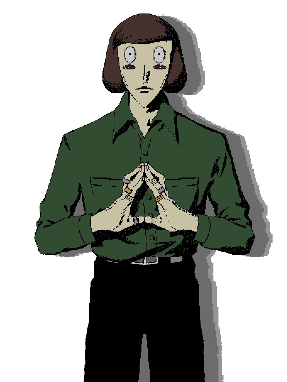 1boy black_pants blank_stare blush_stickers bob_cut breast_pocket brown_hair collared_shirt commentary constricted_pupils cowboy_shot dress_shirt drop_shadow expressionless frown green_shirt hands_up highres jaggy_lines jewelry long_sleeves looking_at_viewer luther_von_ivory male_focus multiple_rings own_hands_together pants pocket randal's_friends ring shirt short_hair simple_background solo standing steepled_fingers straight-on takushi_(taxi739) white_background wide-eyed