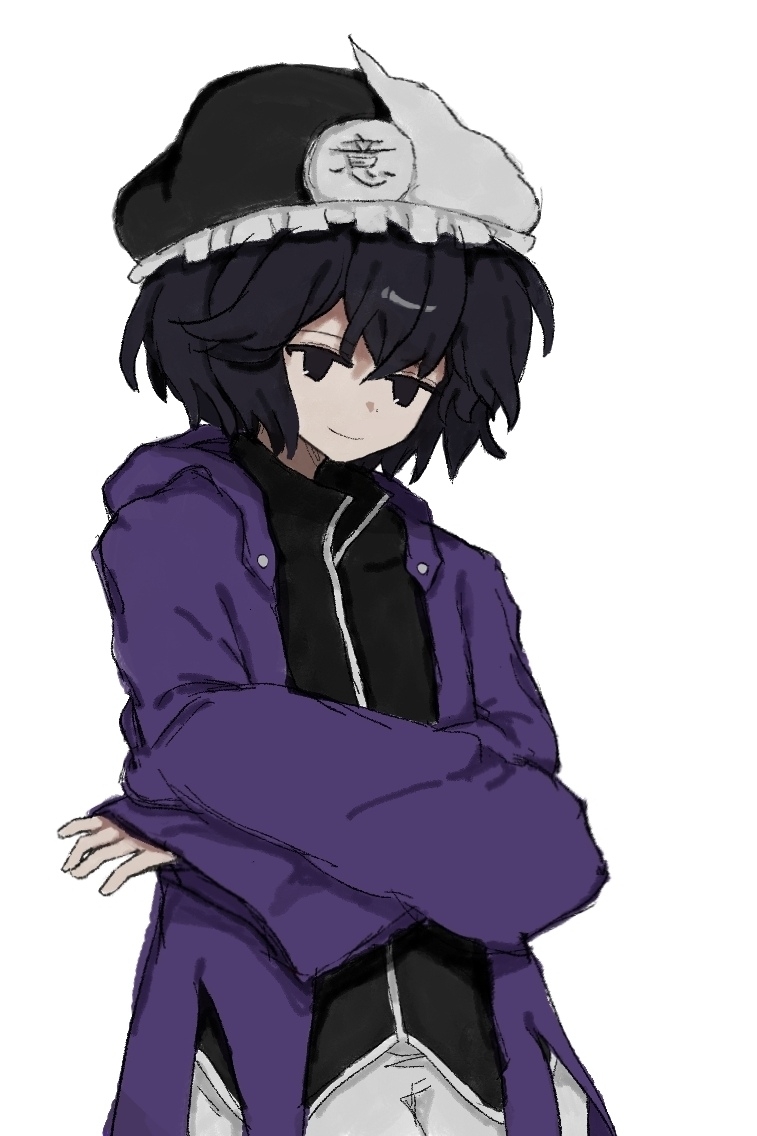 1other androgynous black_eyes black_hair black_headwear black_shirt closed_mouth coat crossed_arms frilled_hat frills hat len'en long_sleeves needless_(toyaco) open_clothes open_coat other_focus purple_coat shirt shitodo_kuroji short_hair simple_background smile solo triangular_headpiece white_background wide_sleeves