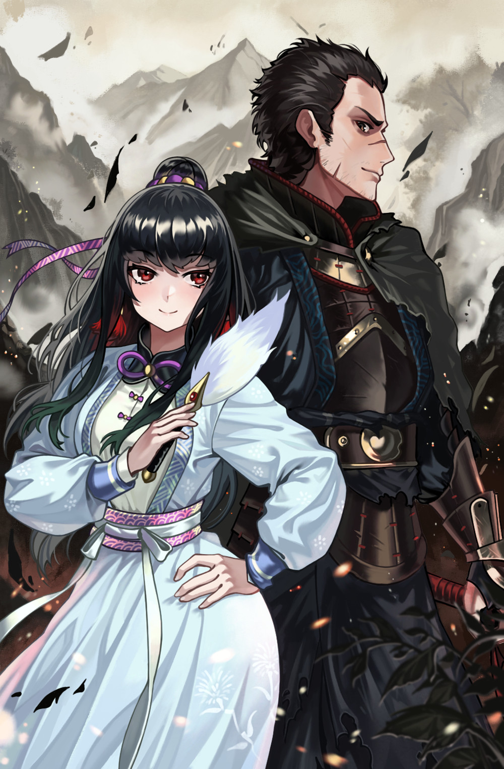 1boy 1girl armor black_cloak black_hair chinese_clothes cloak contrapposto cover feather_fan from_side gauntlets gemi_ningen hair_ribbon hand_on_own_hip hanfu highres holding holding_polearm holding_weapon jin_soyeon looking_at_another looking_to_the_side mountain player_na_wa polearm profile red_eyes ribbon scar sidelocks standing topknot waist_sash weapon