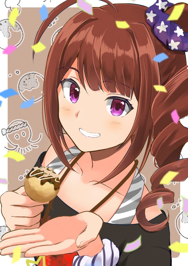 1girl ahoge animal birthday black_shirt border clenched_teeth collarbone commentary_request confetti drill_hair eyelashes fingernails food holding holding_food idolmaster idolmaster_million_live! jewelry looking_at_viewer medium_bangs medium_hair necklace octopus off-shoulder_shirt off_shoulder otoshibumi outside_border scrunchie shirt side_drill side_ponytail sidelocks smile solo standing star_(symbol) star_necklace striped_clothes swept_bangs t-shirt takoyaki teeth upper_body violet_eyes white_border wrist_scrunchie yokoyama_nao