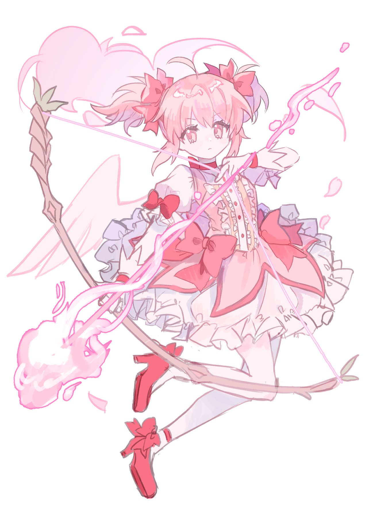 1girl bow bow_(weapon) choker closed_mouth dress fontana_0v0 footwear_ribbon frilled_dress frills full_body hair_ribbon high_heels highres holding holding_bow_(weapon) holding_weapon kaname_madoka mahou_shoujo_madoka_magica pink_bow pink_choker pink_dress pink_eyes pink_footwear pink_hair pink_ribbon pink_wings puffy_short_sleeves puffy_sleeves ribbon short_sleeves short_twintails simple_background socks solo twintails unfinished weapon white_background white_sleeves white_socks wings
