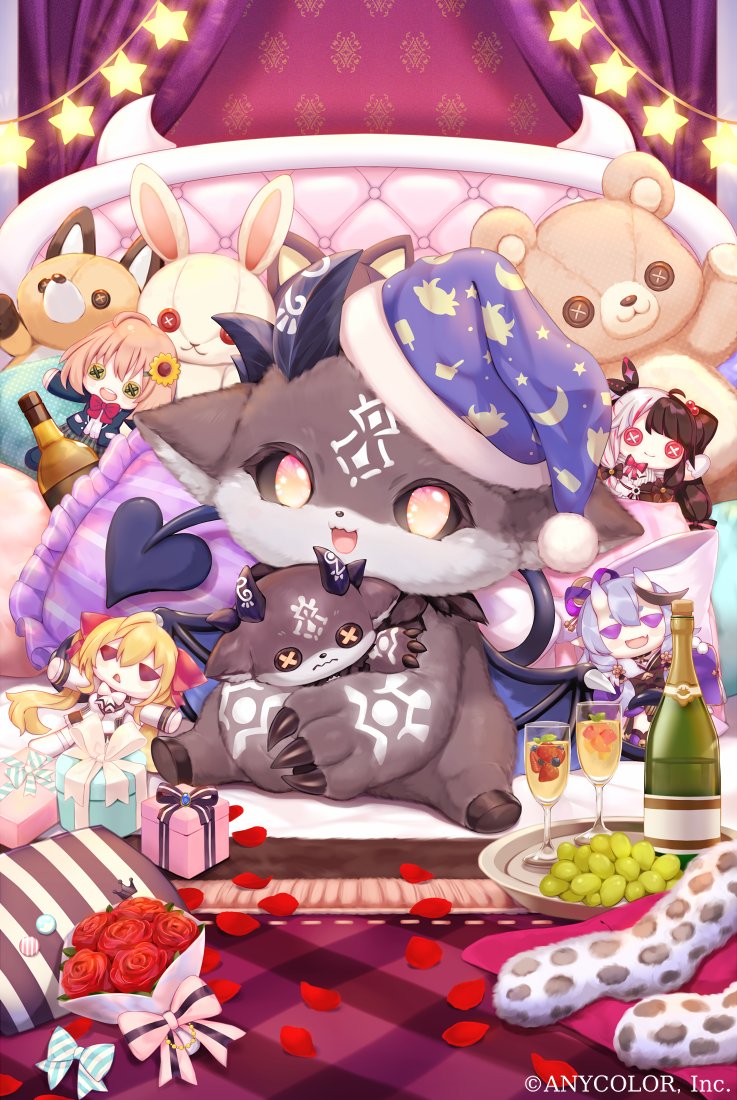 1other 3girls :&lt; :d alcohol black_fur black_sclera blonde_hair blue_bow blueberry bow box brown_hair champagne champagne_bottle champagne_flute character_doll claws colored_sclera copyright_name cup curtains debidebi_debiru demon demon_horns demon_wings doll drinking_glass fangs flower food fruit gift gift_box grapes hat honma_himawari honma_himawari_(1st_costume) horns multicolored_hair multiple_girls nightcap nijisanji official_art open_mouth petals pillow pink_bow rose rose_petals smile solo_focus split-color_hair star_(symbol) strawberry striped_bow stuffed_animal stuffed_toy sukemyon tail takamiya_rion takamiya_rion_(1st_costume) teddy_bear virtual_youtuber wings yorumi_rena yorumi_rena_(1st_costume)
