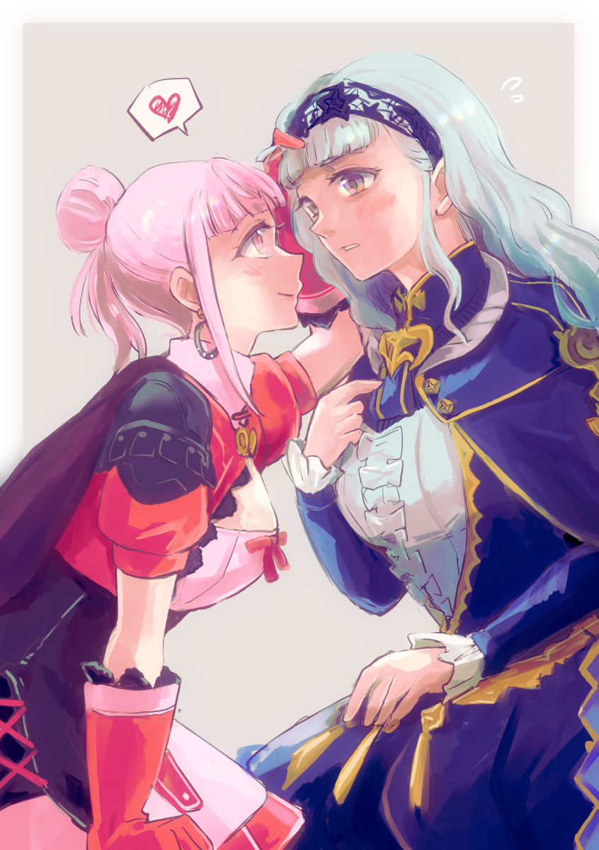 2girls blue_hair blush dress fire_emblem fire_emblem:_three_houses fire_emblem_warriors:_three_hopes gloves hairband hands_on_another's_face highres hilda_valentine_goneril jewelry long_dress long_hair long_sleeves marianne_von_edmund multiple_girls official_alternate_costume official_alternate_hairstyle open_mouth pink_hair sanami smile
