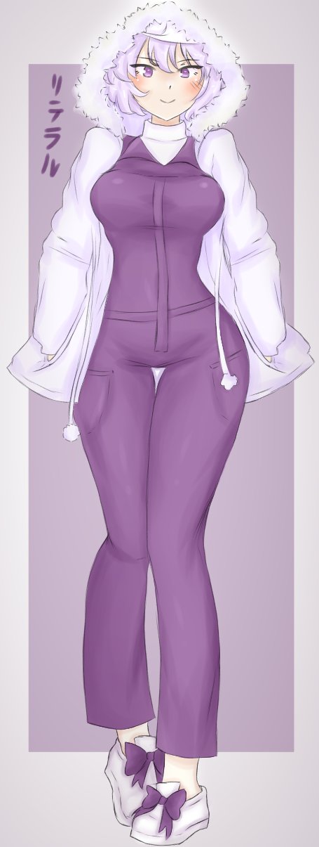 1girl adapted_costume blush breasts chibiriteraru closed_mouth commentary contrapposto full_body fur_trim grey_background highres hood hoodie large_breasts letty_whiterock looking_at_viewer purple_hair short_hair smile solo touhou violet_eyes white_footwear white_hoodie