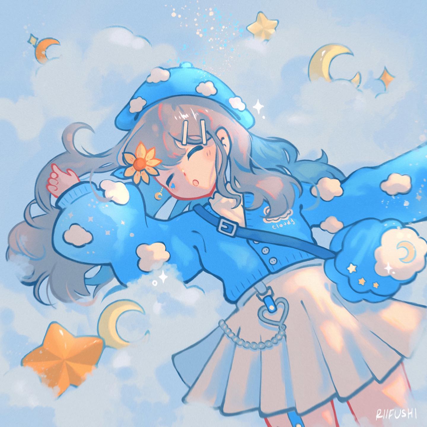 1girl artist_name bag blue_bag blue_cardigan blue_headwear blush borrowed_character cardigan closed_eyes clouds commentary cowboy_shot crescent_moon english_commentary flower grey_hair hair_flower hair_ornament hairclip heart highres long_hair long_sleeves lying moon on_back on_cloud open_mouth original pleated_skirt puffy_long_sleeves puffy_sleeves riifushi shoulder_bag skirt sleeping solo star_(symbol) watermark white_skirt yellow_flower