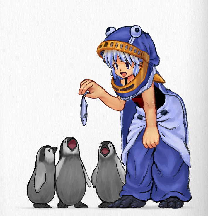 1other androgynous animal bent_over bird black_tank_top blue_eyes blue_hair blue_headwear blue_pants commentary_request fish full_body helmet holding holding_animal holding_fish len'en moritake_medias nasubi_(ajsswofbck8) open_mouth other_focus pants penguin short_hair simple_background smile solo tank_top white_background