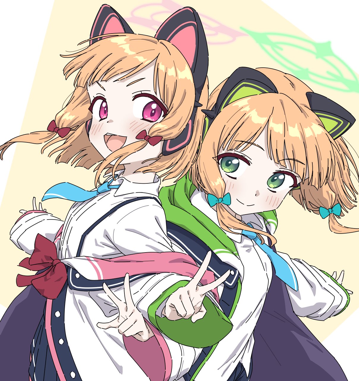 2girls animal_ear_headphones animal_ears blue_archive blue_bow blush bow brilliantko cat_ear_headphones coat collared_shirt fake_animal_ears green_eyes hair_bow halo headphones highres long_sleeves looking_at_viewer midori_(blue_archive) momoi_(blue_archive) multiple_girls open_clothes open_coat open_mouth orange_hair pink_eyes red_bow shirt siblings simple_background sisters smile twins two-tone_background v w white_coat white_shirt