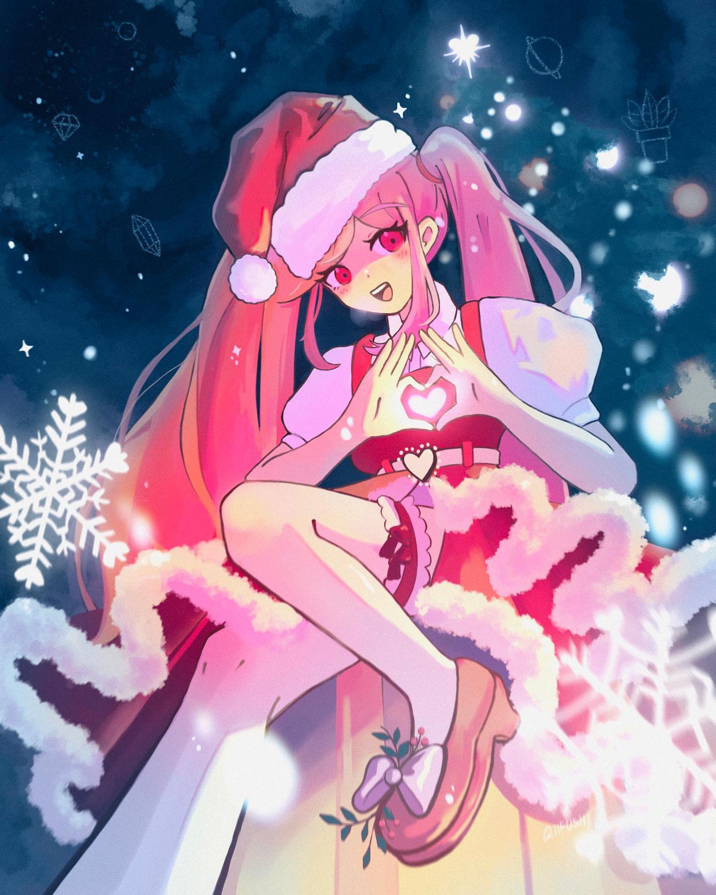 1girl blush bow christmas christmas_tree commentary dress english_commentary foot_out_of_frame footwear_bow fur-trimmed_headwear fur_trim hat heart heart_hands highres knee_up long_hair looking_at_viewer mistletoe omori open_mouth perfectheart_(omori) pink_eyes pink_hair puffy_short_sleeves puffy_sleeves red_dress riifushi santa_hat short_sleeves sidelocks sitting smile snowflakes solo teeth thigh-highs twintails upper_teeth_only very_long_hair white_thighhighs