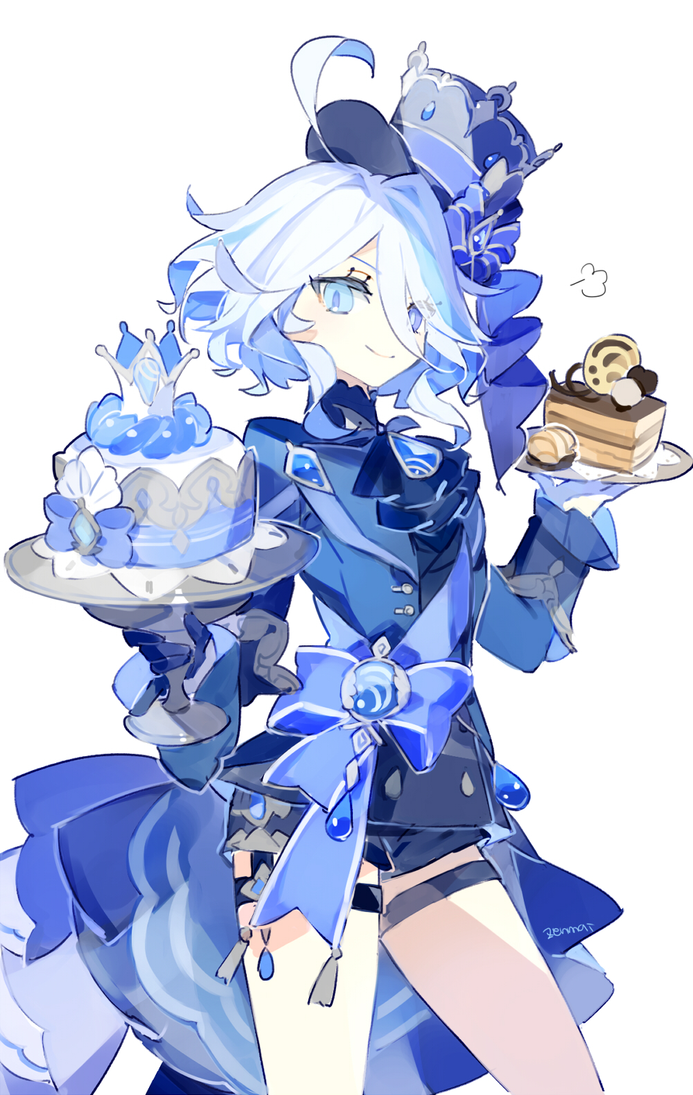 1girl ahoge ascot asymmetrical_gloves blue_ascot blue_bow blue_eyes blue_gloves blue_hair blue_jacket blue_sash bow cake cake_slice closed_mouth cowboy_shot cyenmi3 food furina_(genshin_impact) genshin_impact gloves hair_between_eyes hat heterochromia highres holding holding_plate jacket kodona lolita_fashion long_sleeves mismatched_pupils multicolored_hair parted_bangs plate puff_of_air sash short_hair short_shorts shorts simple_background smile solo streaked_hair swept_bangs thigh_strap top_hat vision_(genshin_impact) white_background white_gloves