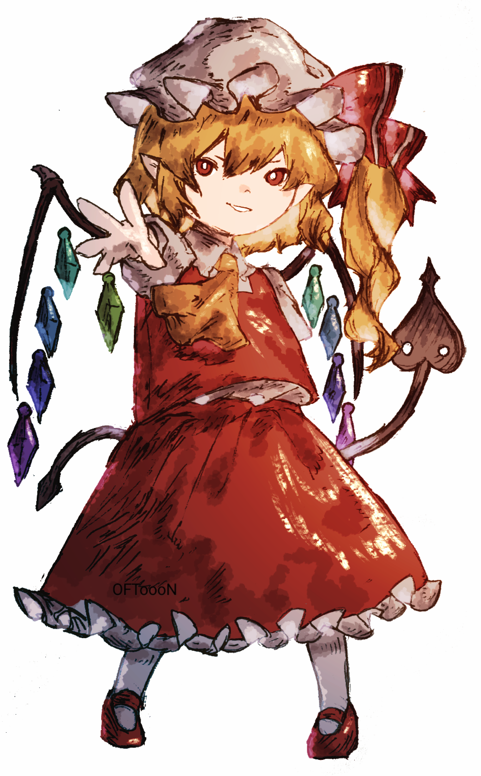 1girl aojirozame1228 ascot blonde_hair crystal_wings dress flandre_scarlet hat highres laevatein_(touhou) mob_cap pointy_ears red_dress red_eyes red_ribbon ribbon shoes side_ponytail simple_background solo touhou white_background yellow_ascot