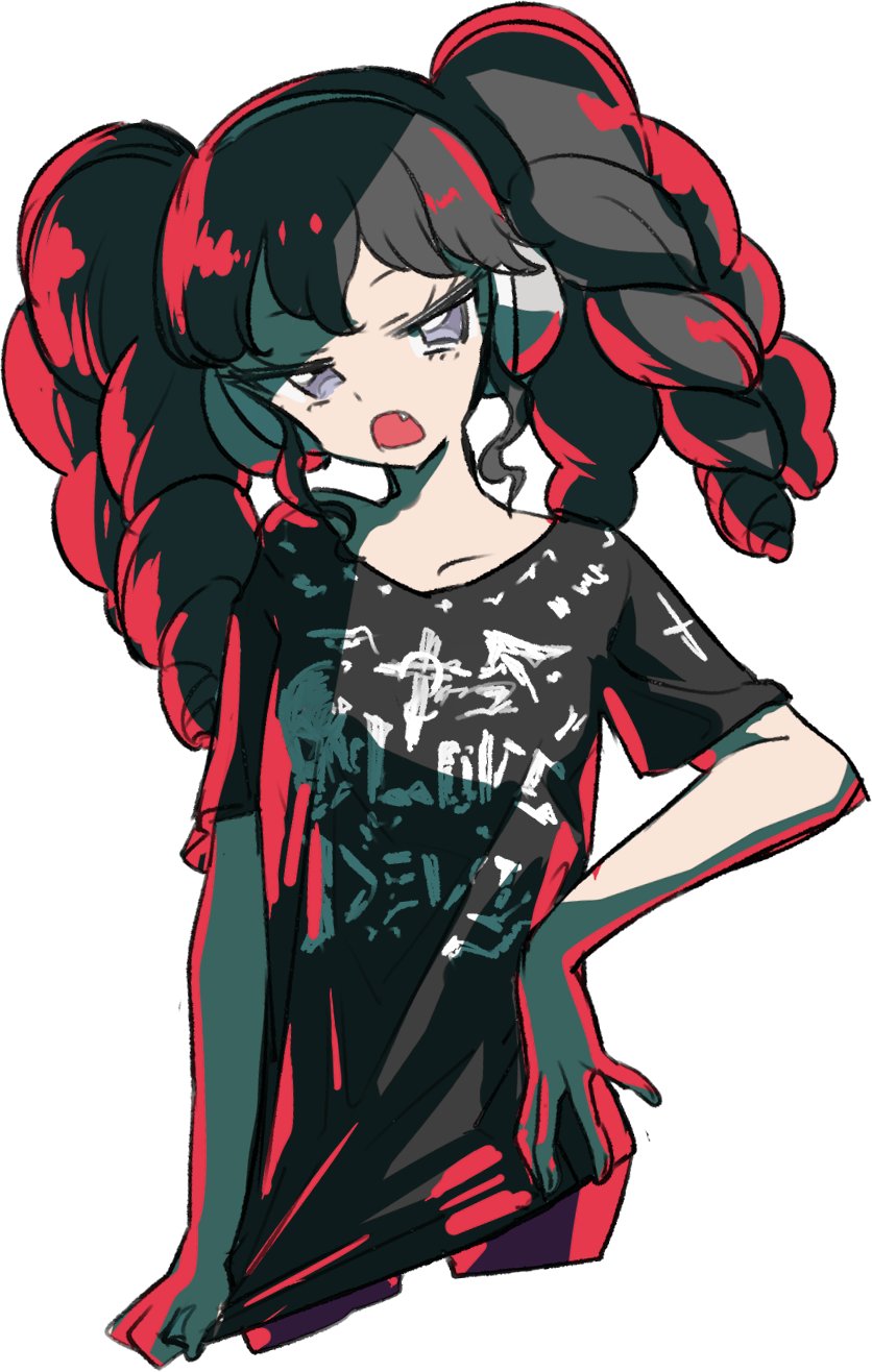 1girl black_hair black_shirt clothes_writing commentary_request cowboy_shot cropped_legs fang gaaruru_(pripara) grey_eyes hand_on_own_hip headphones highres long_hair looking_at_viewer open_mouth pretty_series print_shirt pripara ritsu_(roboroboro) shirt simple_background solo standing t-shirt twintails white_background