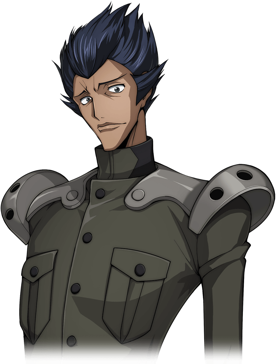 1boy arm_at_side armor artist_request blue_hair breast_pocket buttons closed_mouth code_geass code_geass:_lost_stories cropped_torso game_cg green_jacket grey_eyes highres jacket long_sleeves looking_at_viewer male_focus military_uniform non-web_source official_art pocket short_hair shoulder_armor simple_background solo spiky_hair standing transparent_background uniform upper_body urabe_kousetsu