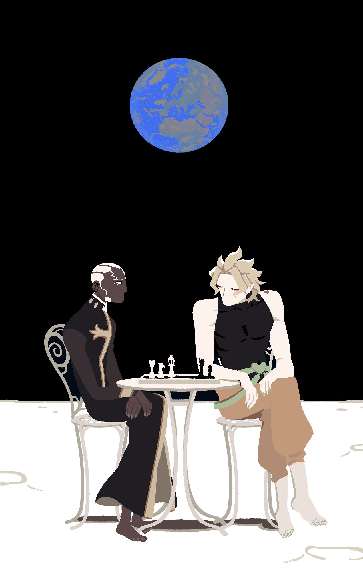 2boys akira_kira barefoot black_robe black_shirt black_sky blonde_hair board_game brown_pants cassock chair chess chess_piece chessboard closed_eyes commentary crossed_wrists dark-skinned_male dark_skin dio_brando earth_(planet) english_commentary enrico_pucci from_side green_nails hands_on_lap highres jojo_no_kimyou_na_bouken long_sleeves looking_at_another male_focus multiple_boys no_mouth on_chair on_moon pants planet playing_chess priest profile puffy_pants robe shirt short_hair shoulder_tattoo sky sleeveless sleeveless_shirt space stone_ocean table tattoo very_dark_skin very_short_hair white_hair wide_shot