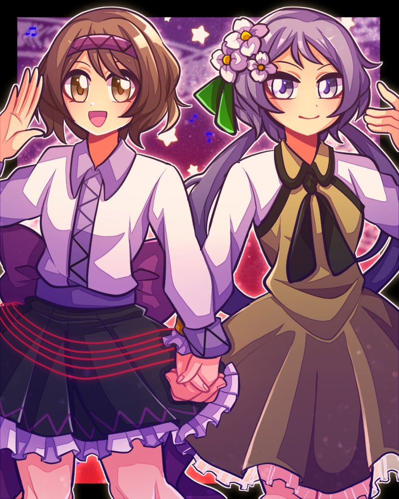 1jumangoku 2girls black_border black_skirt border brown_eyes brown_hair closed_mouth collar collared_shirt collared_vest commentary_request cowboy_shot fingernails flower frilled_skirt frills gradient_background green_ribbon hair_flower hair_ornament hair_ribbon hairband hand_up holding_hands long_hair long_sleeves looking_at_viewer low_twintails miniskirt multiple_girls open_mouth orange_background outline outside_border palms pink_hairband pleated_skirt purple_background purple_collar purple_hair ribbon shirt short_hair siblings simple_background sisters skirt skirt_set smile spell star_(symbol) touhou tsukumo_benben tsukumo_yatsuhashi twintails vest violet_eyes waving white_flower white_outline white_shirt white_sleeves yellow_skirt yellow_vest
