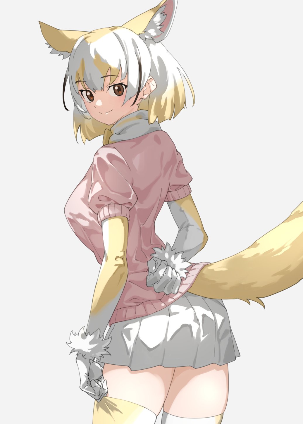 1girl adjusting_clothes adjusting_legwear animal_ears blonde_hair blush brown_eyes cowboy_shot elbow_gloves extra_ears fennec_(kemono_friends) fox_ears fox_girl fox_tail from_behind fur_trim gloves hair_between_eyes highres kemono_friends looking_back multicolored_hair pink_sweater pleated_skirt puffy_short_sleeves puffy_sleeves short_hair short_sleeves sidelocks skirt smile solo sweater tail tanabe_(fueisei) thigh-highs two-tone_gloves white_fur white_gloves white_hair white_skirt yellow_gloves yellow_thighhighs zettai_ryouiki