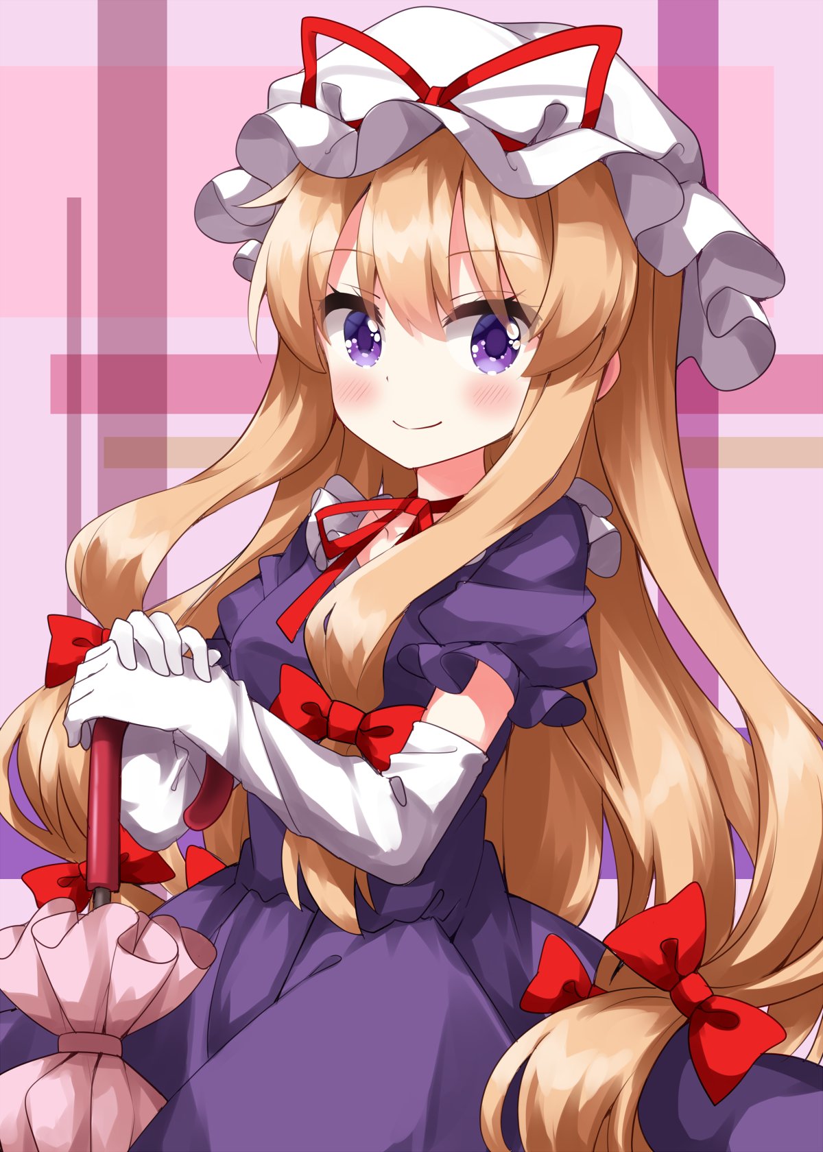 1girl blush bow breasts choker closed_mouth commentary_request cowboy_shot dress elbow_gloves frilled_dress frills gloves hair_bow hat hat_ribbon highres long_hair mob_cap puffy_short_sleeves puffy_sleeves purple_dress red_bow red_ribbon ribbon ribbon_choker ruu_(tksymkw) short_sleeves sidelocks small_breasts smile solo touhou very_long_hair violet_eyes white_gloves white_headwear yakumo_yukari