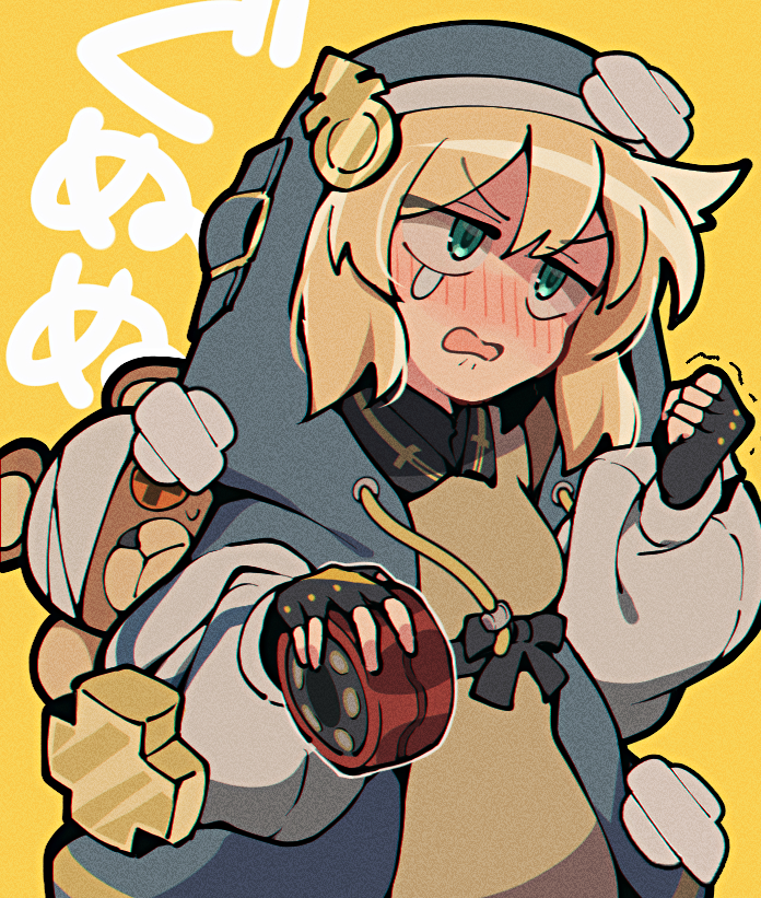 1girl androgyne_symbol black_gloves blonde_hair blush bridget_(guilty_gear) brown_dress clenched_hand commentary_request dress empire_waist female_focus film_grain fingerless_gloves fist_shaking gloves green_eyes guilty_gear guilty_gear_strive habit hood hooded_jacket itsuka_neru jacket long_sleeves medium_hair open_clothes open_mouth roger_(guilty_gear) simple_background solo stuffed_animal stuffed_toy teddy_bear yellow_background yo-yo