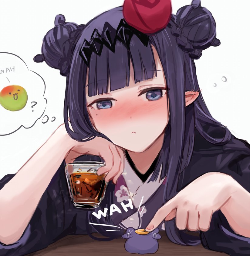 1girl ? alcohol blunt_bangs blush braid braided_bun closed_mouth cup double_bun drunk ear_blush floral_print flower hair_bun hair_flower hair_ornament halo hands_up haori holding holding_cup hololive hololive_english japanese_clothes kimono light_frown long_hair long_sleeves looking_at_another looking_down mole mole_under_eye ninomae_ina'nis ninomae_ina'nis_(new_year) nose_blush official_alternate_costume official_alternate_hairstyle pointy_ears poking print_kimono purple_hair purple_kimono red_flower sidelocks simple_background sleeves_rolled_up squeans table takodachi_(ninomae_ina'nis) thought_bubble upper_body violet_eyes virtual_youtuber wah white_background yuuyu_(777)