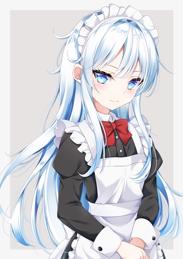 1girl alternate_costume apron black_dress blue_eyes blue_hair bow bowtie dress enmaided flat_chest frilled_apron frills hibiki_(kancolle) hikobae juliet_sleeves kantai_collection light_blue_hair long_hair long_sleeves maid maid_apron maid_headdress puffy_sleeves red_bow red_bowtie smile solo very_long_hair white_apron