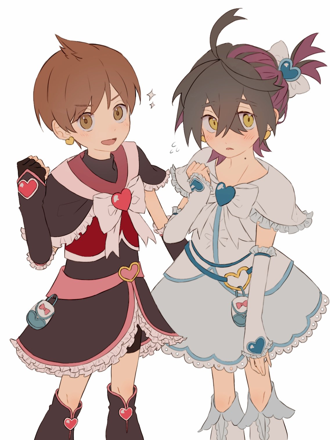 2boys black_hair blush bow brown_eyes brown_hair clenched_hand cosplay crossdraw_holster cure_black cure_black_(cosplay) cure_white detached_sleeves dress earrings florian_(pokemon) flying futari_wa_precure hair_bow hair_ornament heart heart_earrings heartcatch_precure! highres jewelry kieran_(pokemon) looking_at_viewer magical_boy male_focus mole mole_on_neck multiple_boys om_sumomo open_mouth parted_lips pokemon pokemon_sv precure purple_hair simple_background sparkle white_background