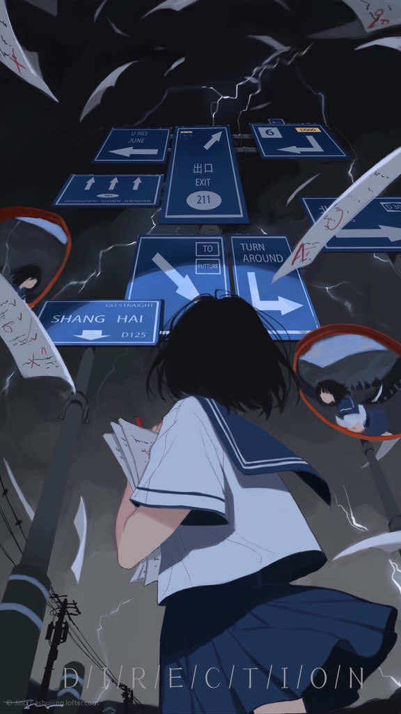 1girl arrow_(symbol) ashuijing black_hair blue_sailor_collar blue_skirt clothes_lift clouds cloudy_sky collared_shirt cowboy_shot english_text from_behind holding holding_paper lightning lofter_username miniskirt mirror original outdoors paper paper_stack pleo power_lines reflection road_sign sailor_collar school_uniform serafuku shirt short_hair short_sleeves sign signature skirt skirt_lift sky solo storm too_many_papers white_shirt white_sleeves wind wind_lift