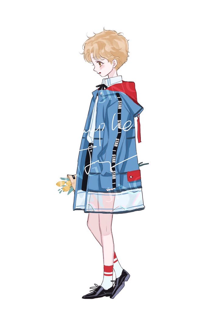 1boy ankle_socks artist_name ashuijing black_bow black_bowtie black_footwear black_shorts blonde_hair blue_hood blue_raincoat blue_sleeves bouquet bow bowtie brown_eyes child collared_shirt commentary english_commentary flower from_side full_body hands_in_pockets high-waist_shorts holding holding_bouquet hood hood_down hooded_coat light_blush long_sleeves looking_ahead male_focus open_mouth original raincoat red_hood sample_watermark shirt shoes short_hair shorts simple_background socks solo tulip two-sided_hood watermark white_background white_shirt white_socks yellow_flower