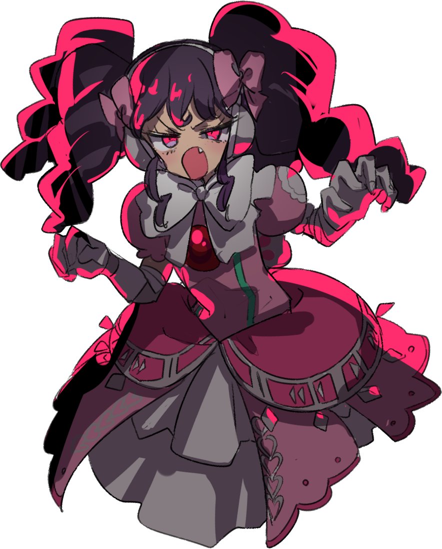 1girl :o black_hair bow cowboy_shot cropped_legs dress elbow_gloves fang gaaruru_(pripara) gloves hair_bow hands_up headphones idol_clothes long_hair looking_at_viewer open_mouth pink_bow pink_dress pink_eyes pretty_series pripara puffy_short_sleeves puffy_sleeves ritsu_(roboroboro) short_sleeves simple_background solo standing v-shaped_eyebrows white_background white_gloves