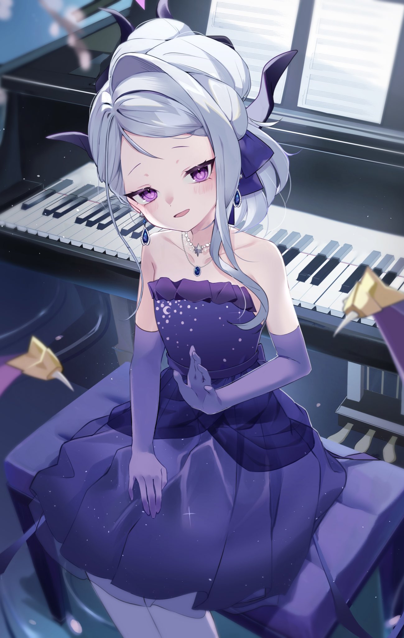 1girl black_horns blue_archive blush commentary_request demon_horns demon_wings dress elbow_gloves gloves grey_hair halo hanei_shiro highres hina_(blue_archive) hina_(dress)_(blue_archive) horns instrument jewelry long_hair multiple_horns necklace official_alternate_costume official_alternate_hairstyle open_mouth pendant piano piano_keys purple_dress purple_gloves purple_wings smile solo strapless strapless_dress violet_eyes wings