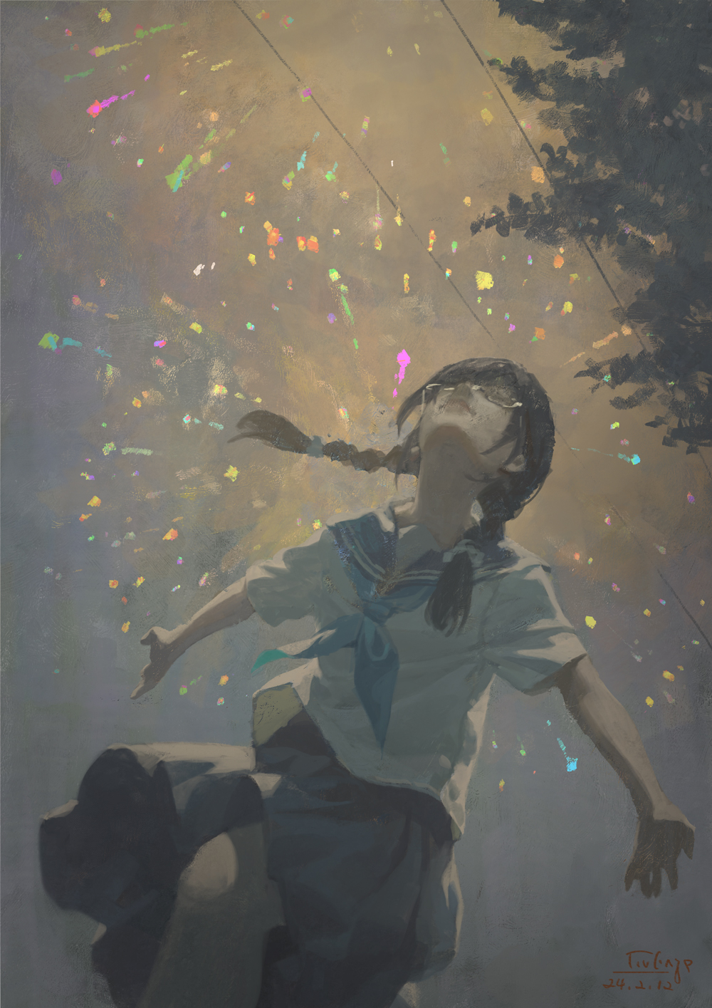1girl aerial_fireworks black_hair blue_neckerchief blue_sailor_collar blue_skirt braid closed_eyes closed_mouth commentary_request fireworks from_below glasses highres neckerchief night night_sky original outdoors outstretched_arms power_lines running sailor_collar school_uniform serafuku skirt sky solo twin_braids xiaobanbei_milk