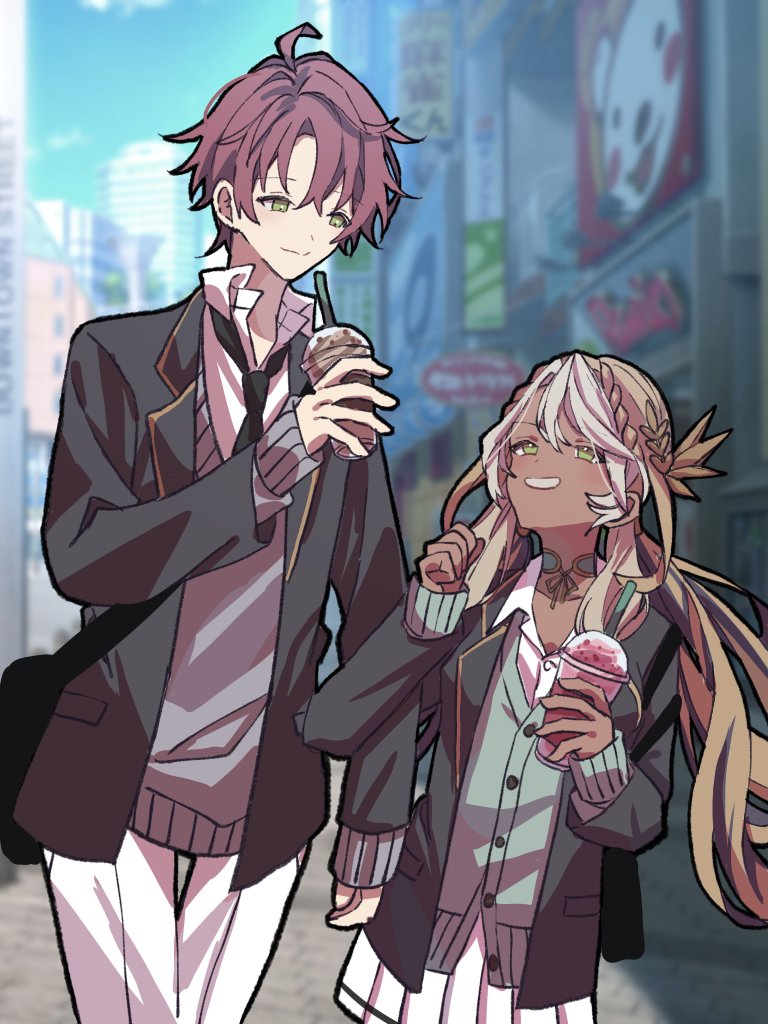 1boy 1girl andromeda_(fate) black_jacket black_necktie brown_hair city collared_shirt cup dark-skinned_female dark_skin fate/grand_order fate/prototype fate_(series) green_eyes green_shirt grey_sweater hair_ornament holding holding_cup jacket long_hair long_sleeves medium_hair multicolored_hair necktie pants parted_lips redhead shirt skirt smile sweater white_hair white_pants white_shirt white_skirt yawa_83 yellow_trim