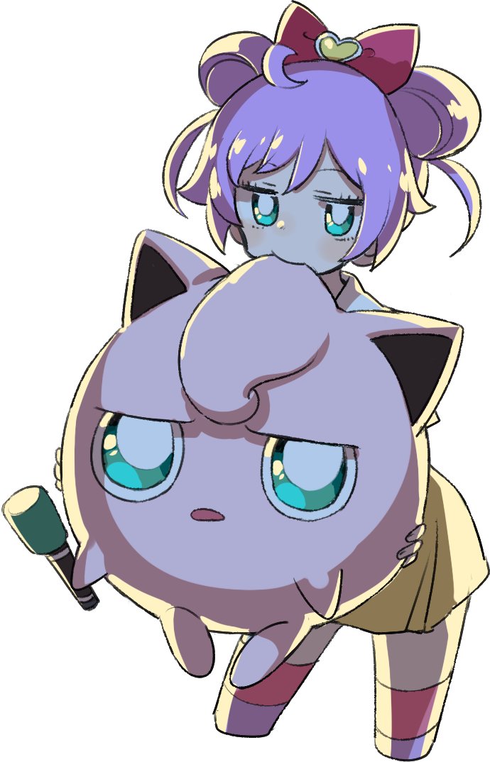 1girl ahoge blue_eyes bow bright_pupils chewing closed_mouth cropped_legs crossover double_bun dress hair_bow hair_bun heart holding holding_microphone holding_pokemon jigglypuff leaning_forward looking_at_viewer manaka_laala manaka_laala_(young) microphone open_mouth paprika_private_academy_school_uniform pink_bow pokemon pokemon_(creature) pretty_series pripara purple_hair ritsu_(roboroboro) school_uniform short_hair simple_background solo standing white_background white_pupils yellow_dress