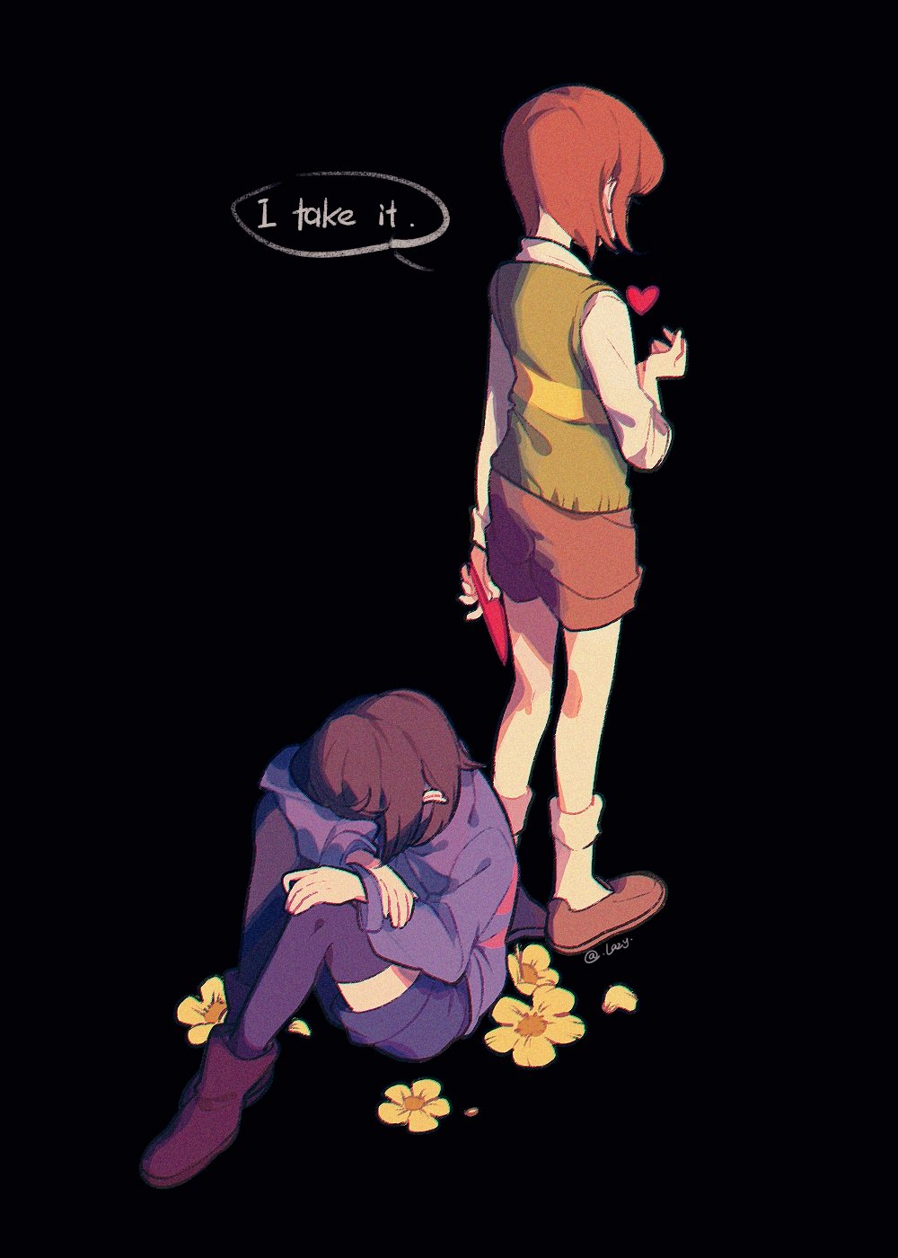 2others artist_name back black_background boots brown_footwear brown_hair brown_shorts chara_(undertale) english_text flower frisk_(undertale) green_vest hand_up heart highres holding holding_knife knife lazy_kun long_sleeves multiple_others petals puffy_long_sleeves puffy_sleeves purple_footwear purple_sweater purple_thighhighs shirt shoes short_hair shorts simple_background single_stripe sitting socks speech_bubble standing striped_clothes striped_sweater striped_vest sweater thigh-highs undertale vest white_shirt white_socks yellow_flower