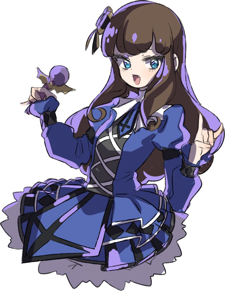 1girl :d \m/ blue_dress blue_eyes brown_hair collared_dress cowboy_shot cropped_legs dress hand_up holding holding_microphone juliet_sleeves kurosu_aroma long_hair long_sleeves looking_at_viewer microphone open_mouth pretty_series pripara puffy_sleeves ritsu_(roboroboro) simple_background smile solo standing white_background