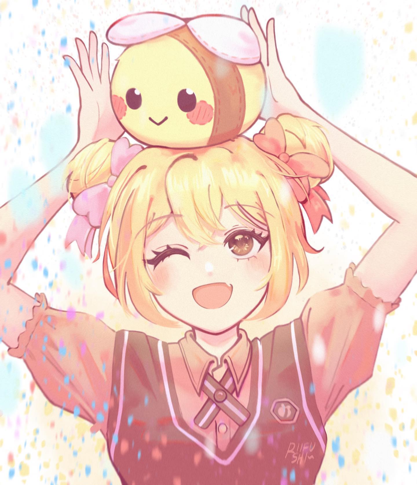 1girl arms_up artist_name blonde_hair bow brown_eyes collared_shirt commentary double_bun dress_shirt english_commentary hair_bow hair_bun highres looking_up object_on_head one_eye_closed open_mouth orange_bow orange_shirt original pink_bow riifushi shirt short_hair short_sleeves sidelocks smile solo stuffed_animal stuffed_bee stuffed_toy upper_body vest watermark